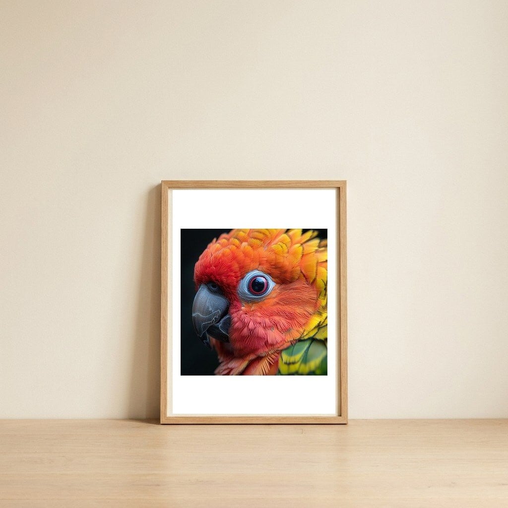 close-up-sun-conure-parrot-eye-feathers-1 — framed, leaning against the wall