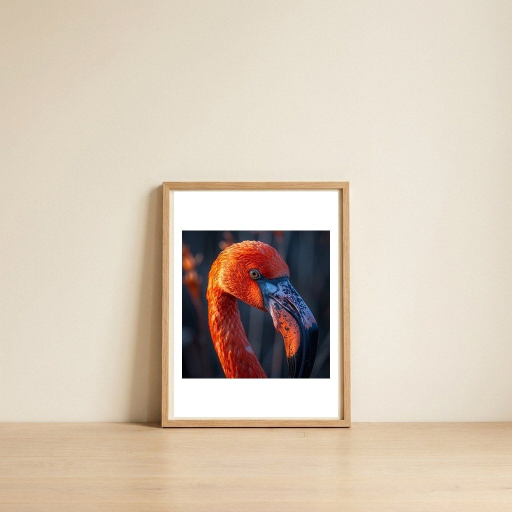 close-up-flamingo-head-vibrant-orange-plumage-1 — framed, leaning against the wall