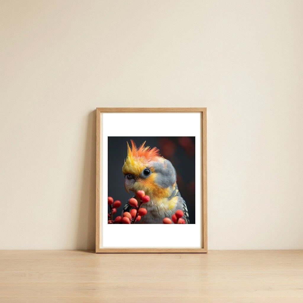 close-up-of-a-cockatiel-parrot-with-orange-crest-1 — framed, leaning against the wall