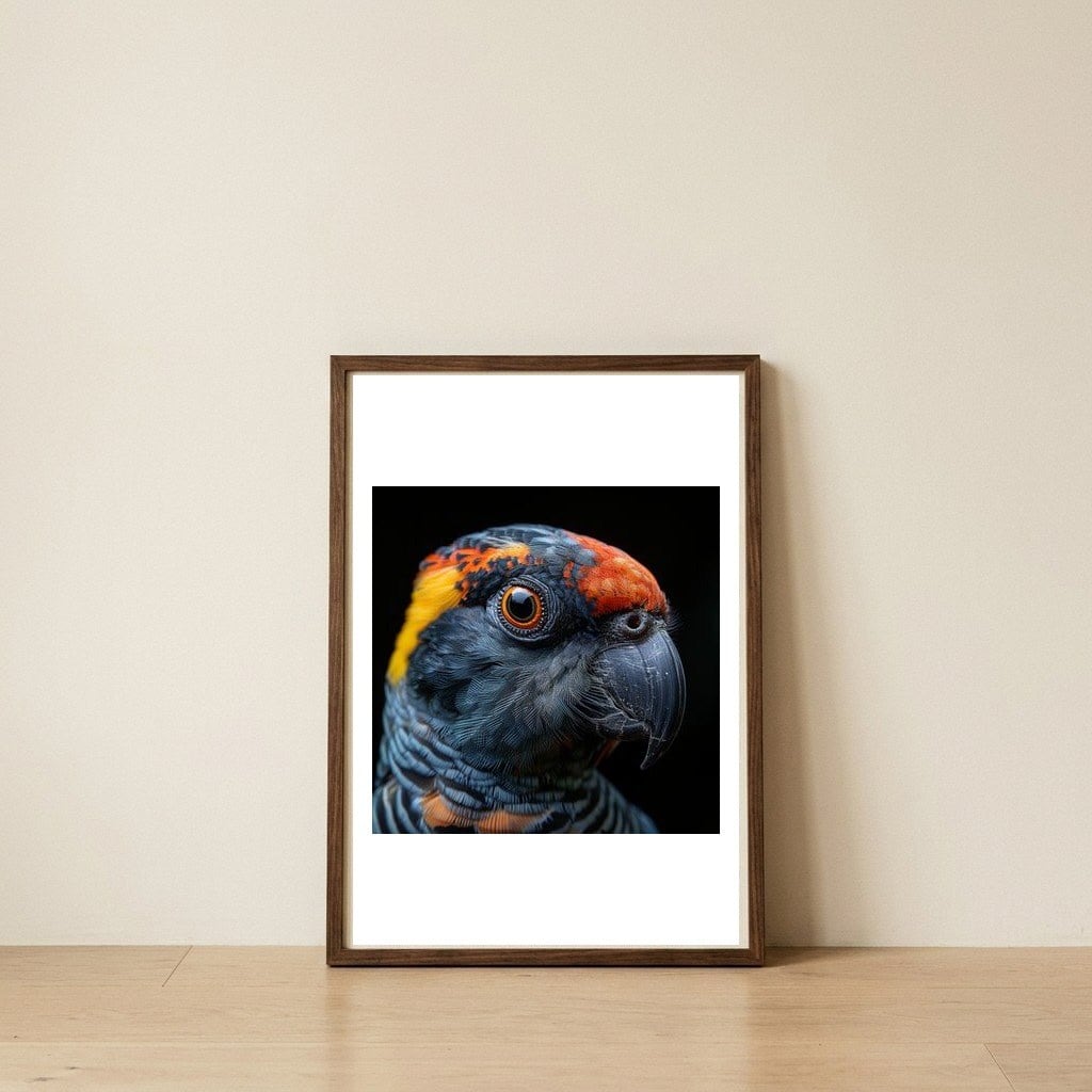 close-up-of-a-colorful-parrot-birds-head-1 — framed, leaning against the wall
