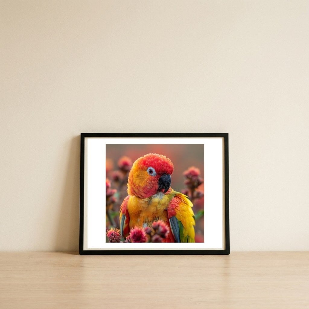 close-up-of-a-sun-conure-parrot-with-bright-feathers-1 — framed, leaning against the wall