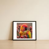 close-up-of-a-sun-conure-parrot-with-bright-feathers-1 — framed, leaning against the wall thumbnail
