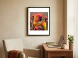 close-up-of-a-sun-conure-parrot-with-bright-feathers-1 framed in a focused room thumbnail