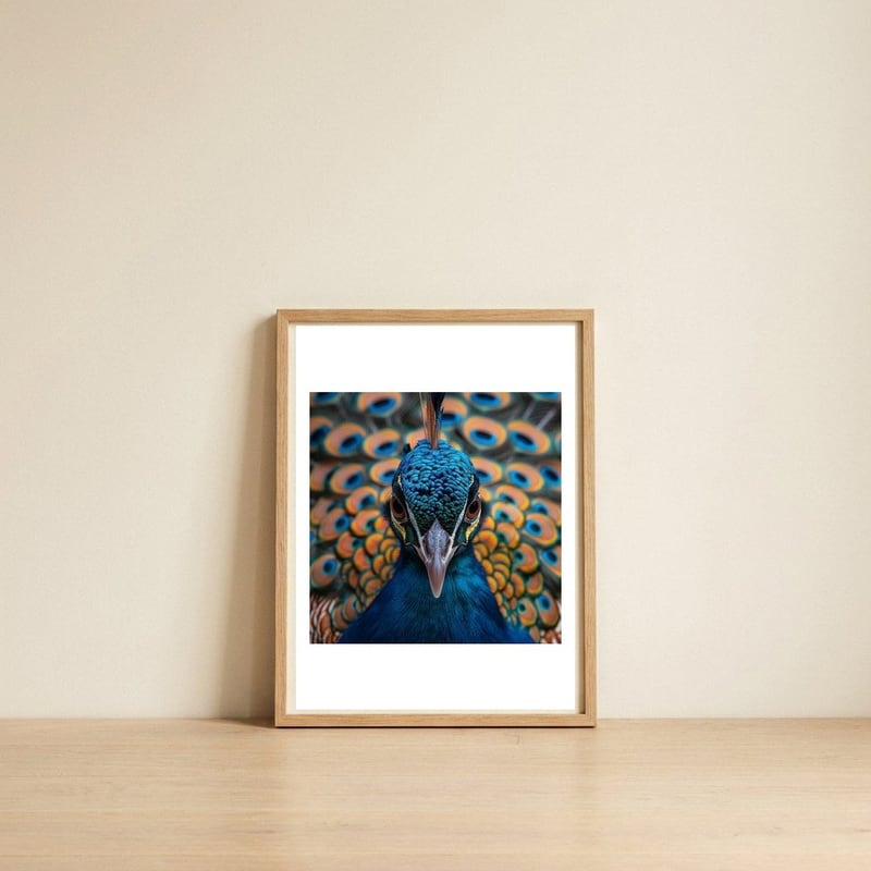 close-up-peacock-head-and-eye-with-feathers-1 — framed, leaning against the wall