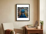close-up-peacock-head-and-eye-with-feathers-1 framed in a focused room thumbnail
