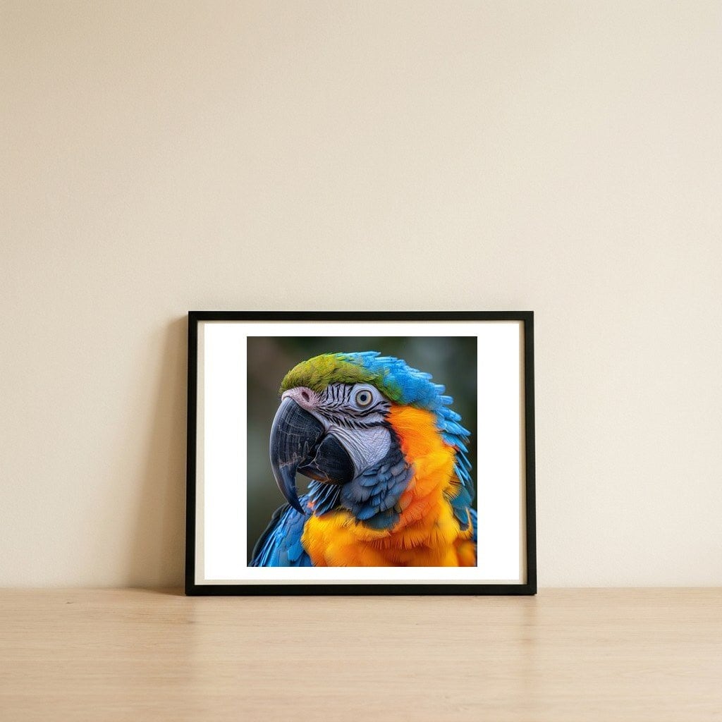 close-up-portrait-of-a-blue-and-gold-macaw-parrot-1 — framed, leaning against the wall
