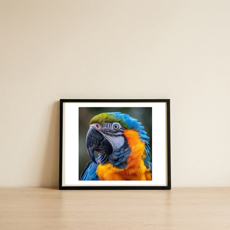 close-up-portrait-of-a-blue-and-gold-macaw-parrot-1 — framed, leaning against the wall