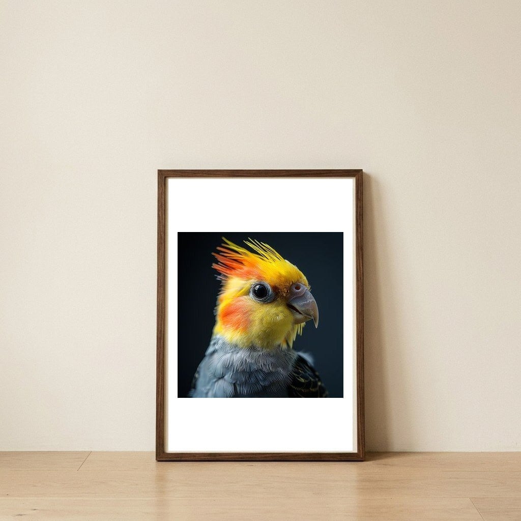 cockatiel-parrot-bird-head-1 — framed, leaning against the wall