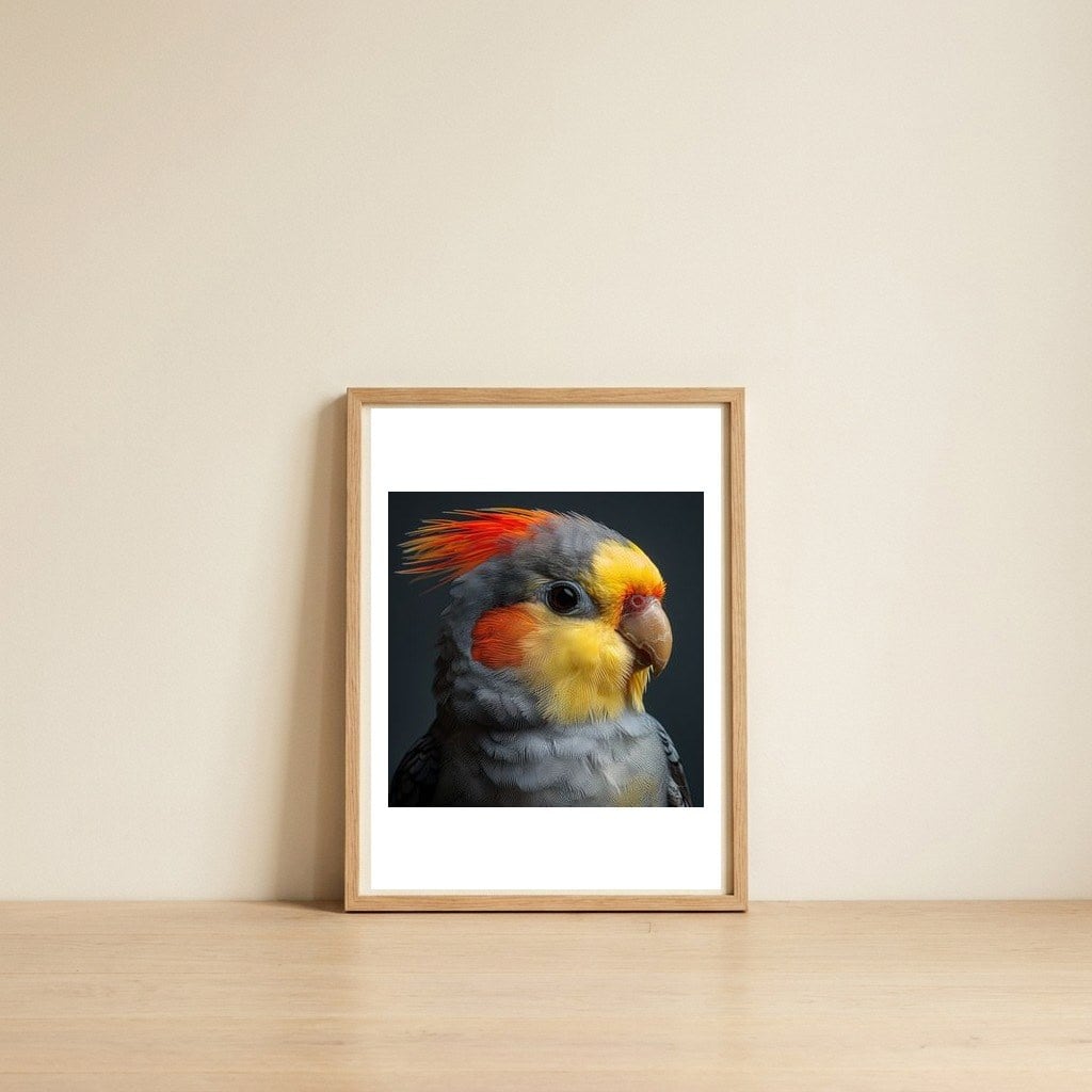 cockatiel-parrot-closeup-vibrant-feather-1 — framed, leaning against the wall