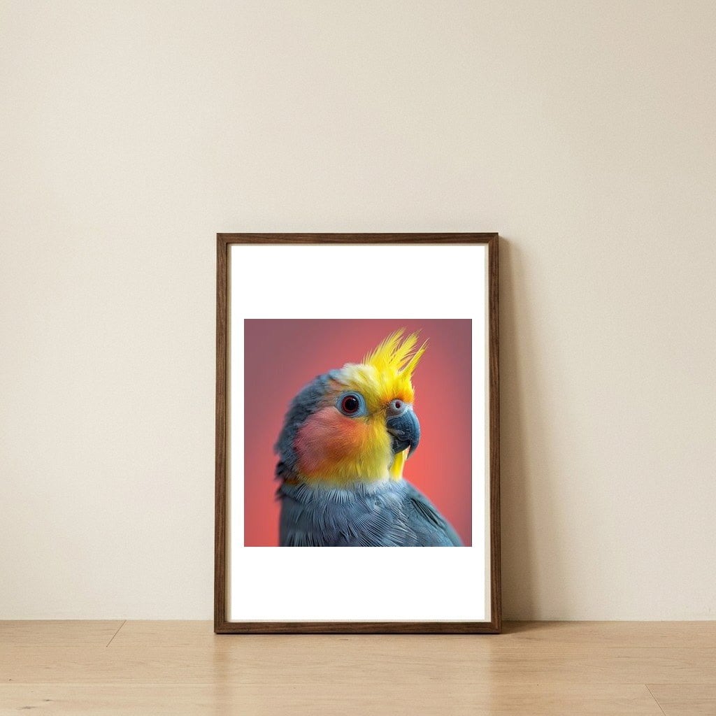 cockatiel-parrot-head-close-up-portrait-1 — framed, leaning against the wall