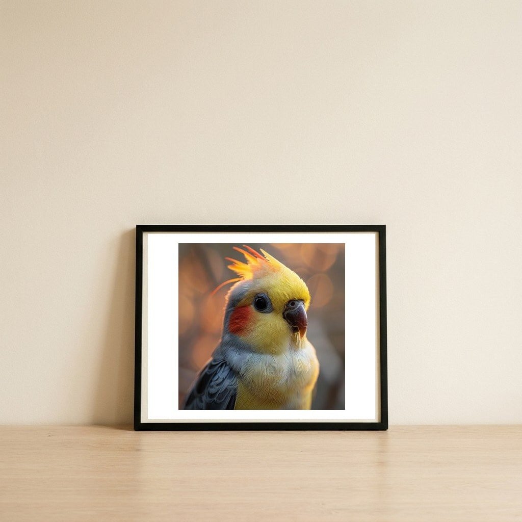 cockatiel-parrot-portrait-with-orange-cheeks-1 — framed, leaning against the wall