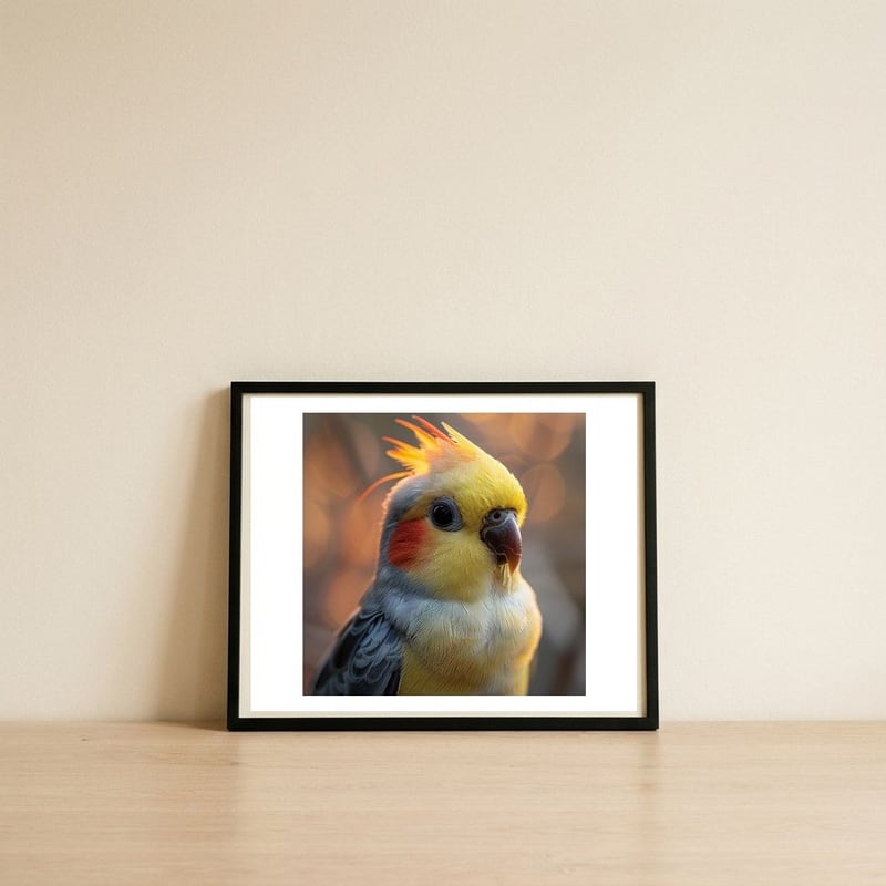 cockatiel-parrot-portrait-with-orange-cheeks-1 — framed, leaning against the wall