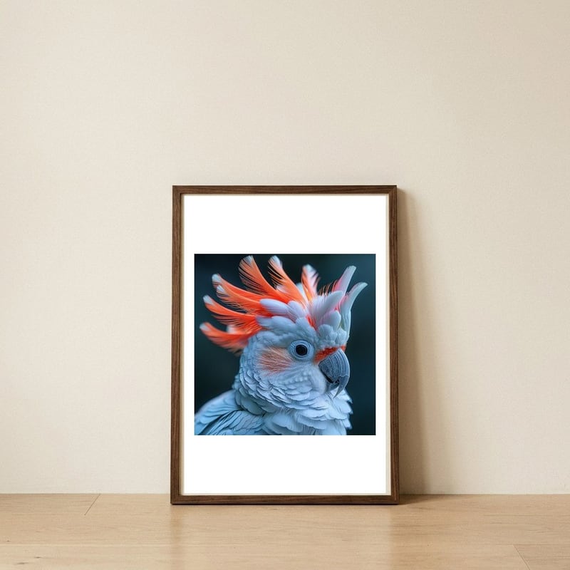cockatoo-bird-with-orange-crest-portrait-1 — framed, leaning against the wall