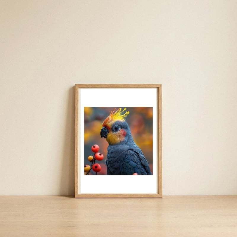 cockatoo-parrot-with-orange-crest-and-berries-1 — framed, leaning against the wall