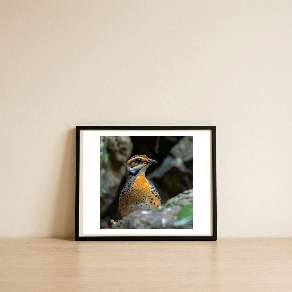 colorful-bird-perched-among-rocks-and-foliage-1 — framed, leaning against the wall
