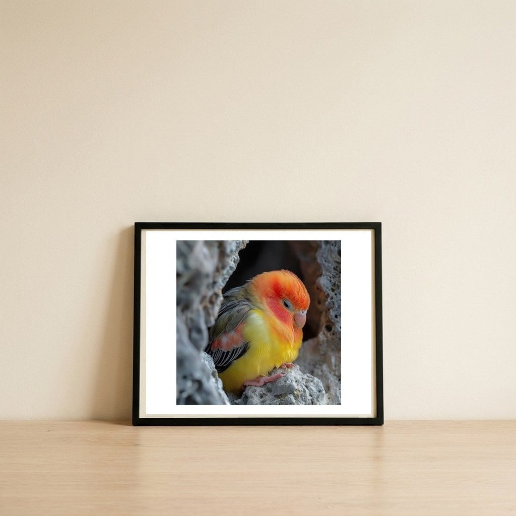 cute-lovebird-perched-on-a-rock-in-a-cave-1 — framed, leaning against the wall