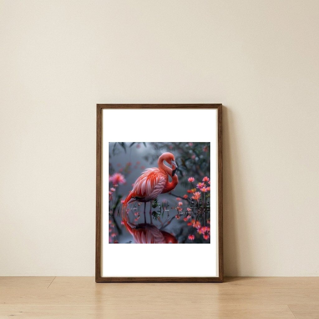 elegant-flamingo-standing-in-water-reflection-1 — framed, leaning against the wall
