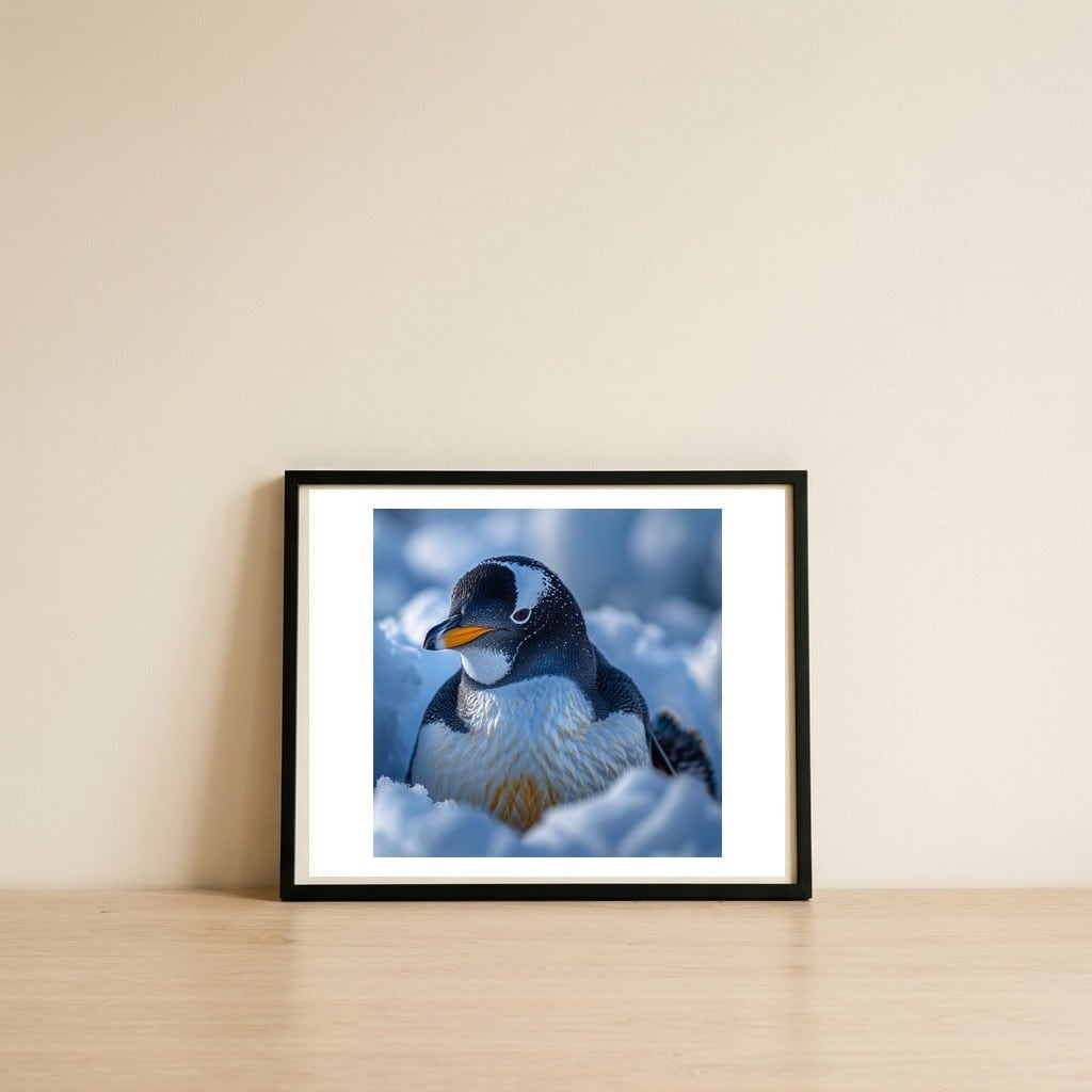 gentoo-penguin-in-its-natural-snowy-habitat-1 — framed, leaning against the wall