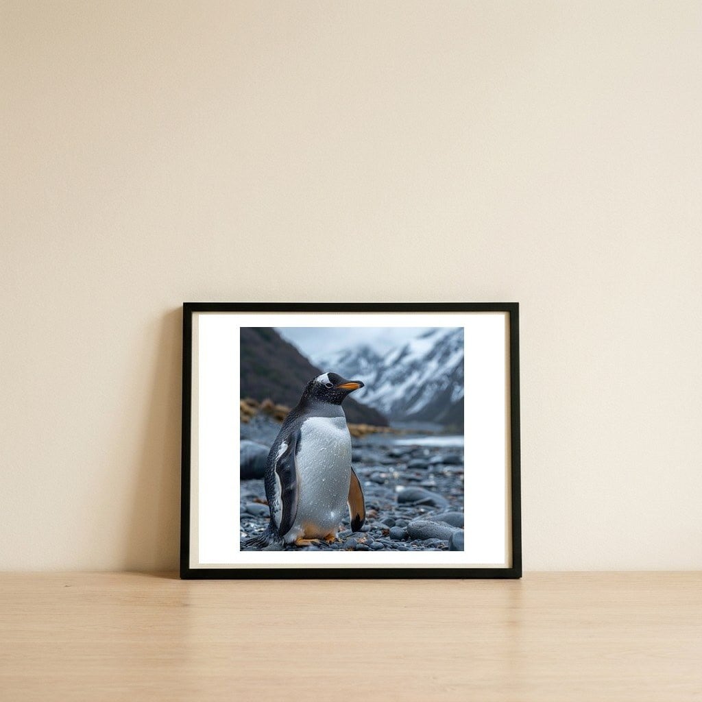 gentoo-penguin-standing-on-a-rocky-shore-1 — framed, leaning against the wall