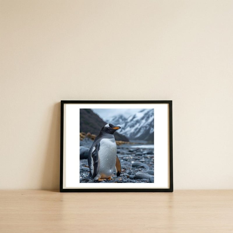 gentoo-penguin-standing-on-a-rocky-shore-1 — framed, leaning against the wall