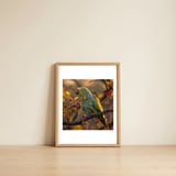 green-parrot-perched-on-a-branch-with-berries-1 — framed, leaning against the wall thumbnail