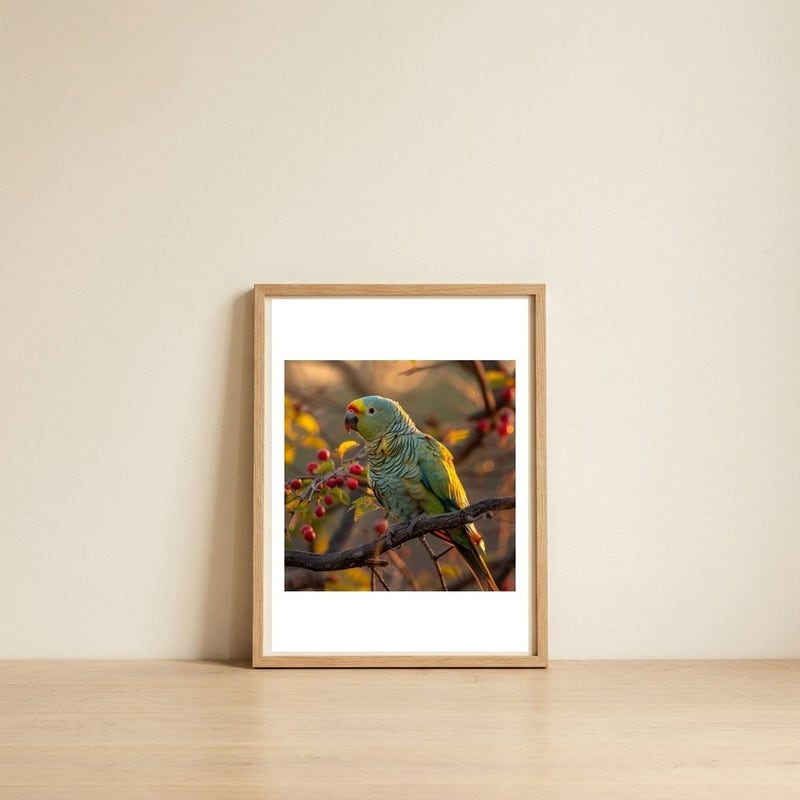 green-parrot-perched-on-a-branch-with-berries-1 — framed, leaning against the wall