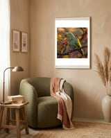 green-parrot-perched-on-a-branch-with-berries-1 framed in a tender room thumbnail