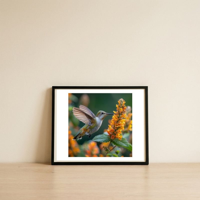 hummingbird-feeding-on-yellow-flowers-nectar-1 — framed, leaning against the wall