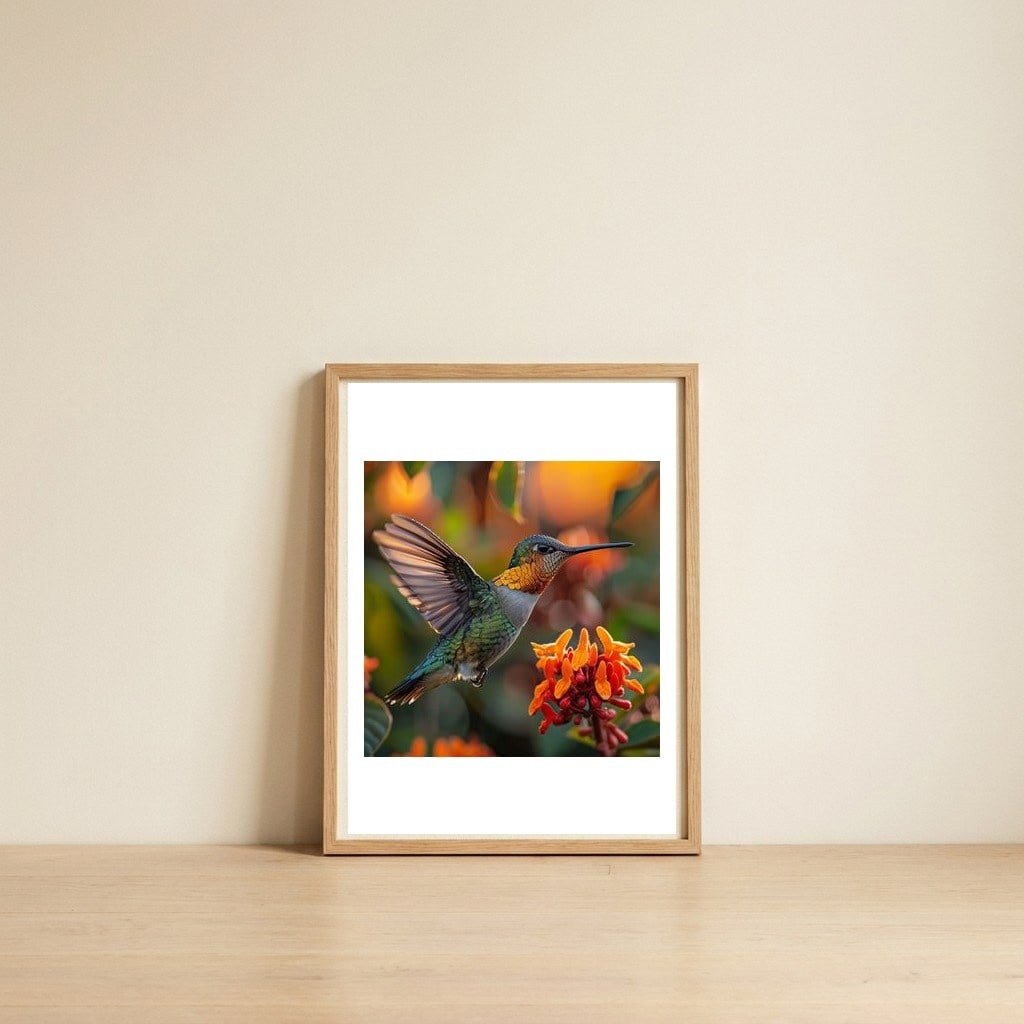 hummingbird-hovering-near-orange-flowers-1 — framed, leaning against the wall