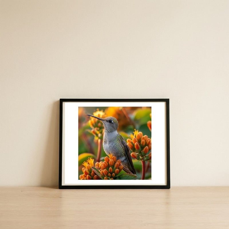 hummingbird-perched-on-orange-flowers-1 — framed, leaning against the wall