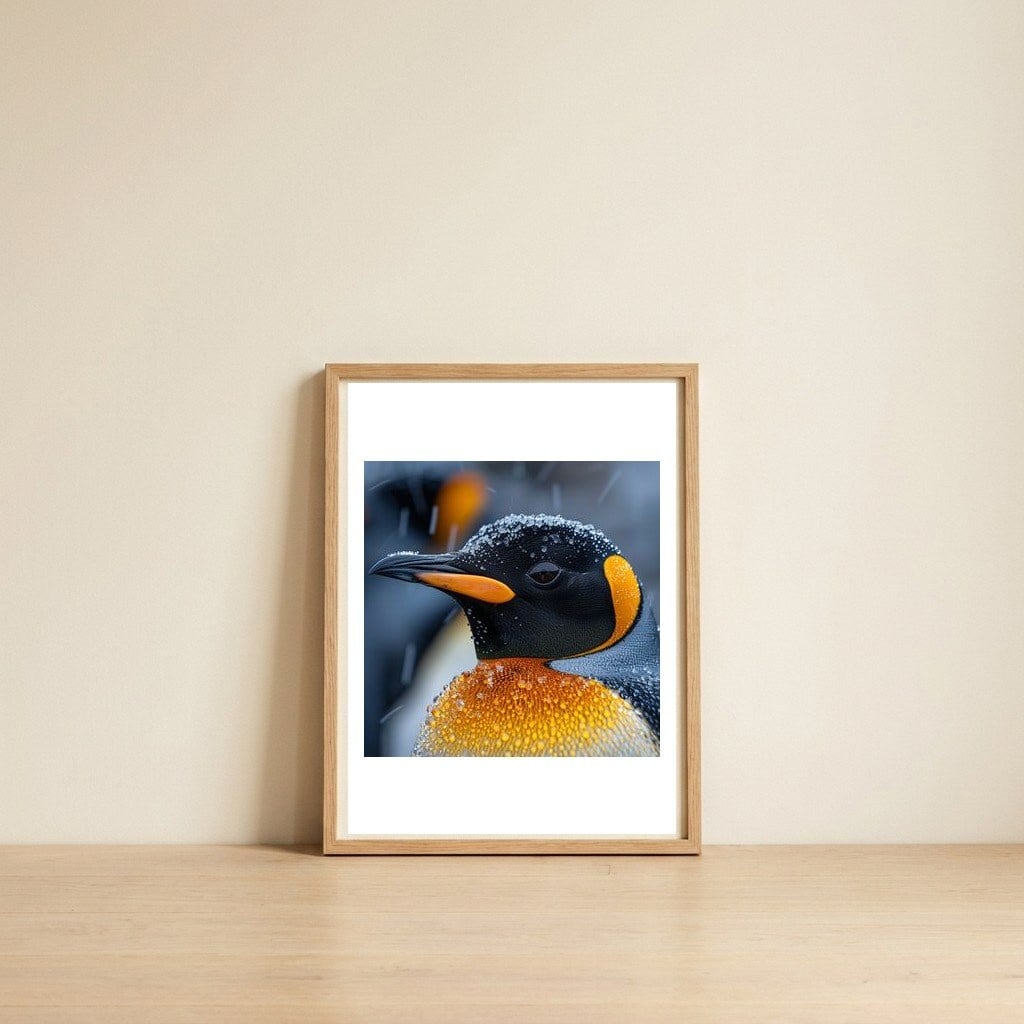 king-penguin-close-up-in-snowfall-1 — framed, leaning against the wall