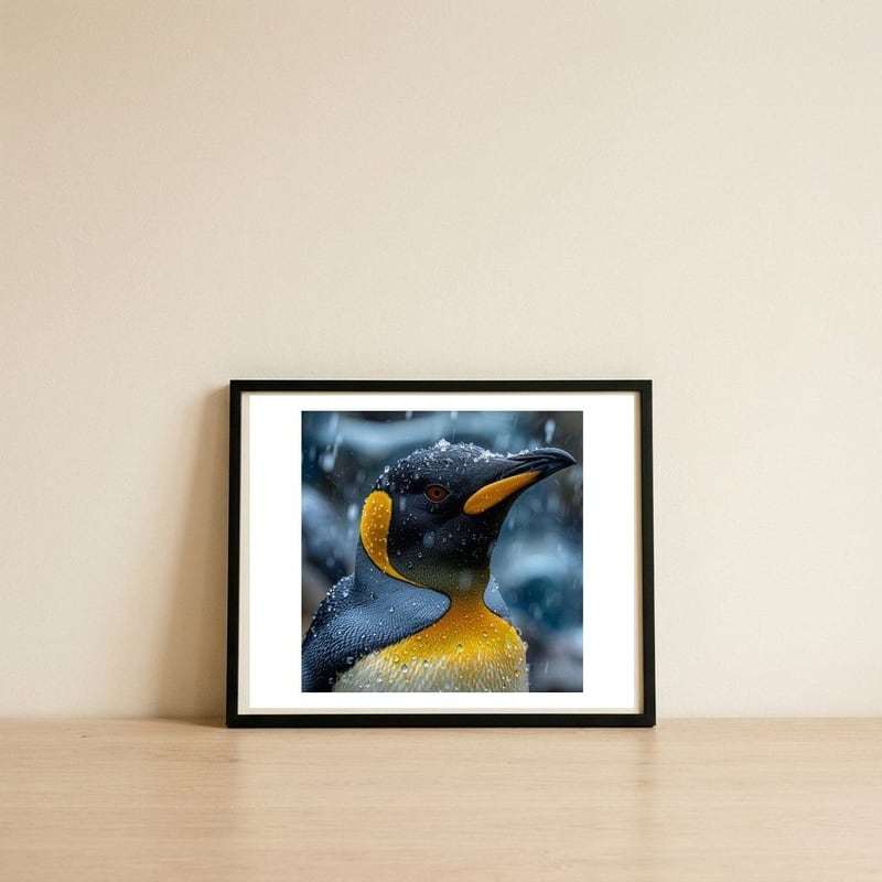 king-penguin-close-up-in-the-rain-1 — framed, leaning against the wall