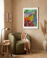 Vibrant Summer Cottage Garden Oil Painting framed in a tender room thumbnail