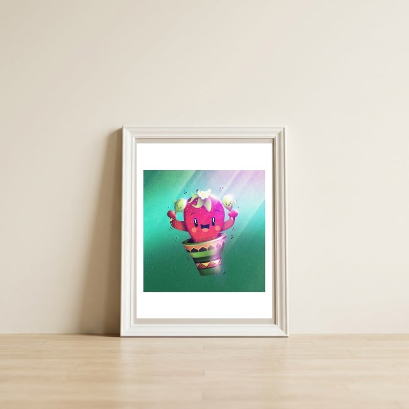 Strawberry Cactus — framed, leaning against the wall