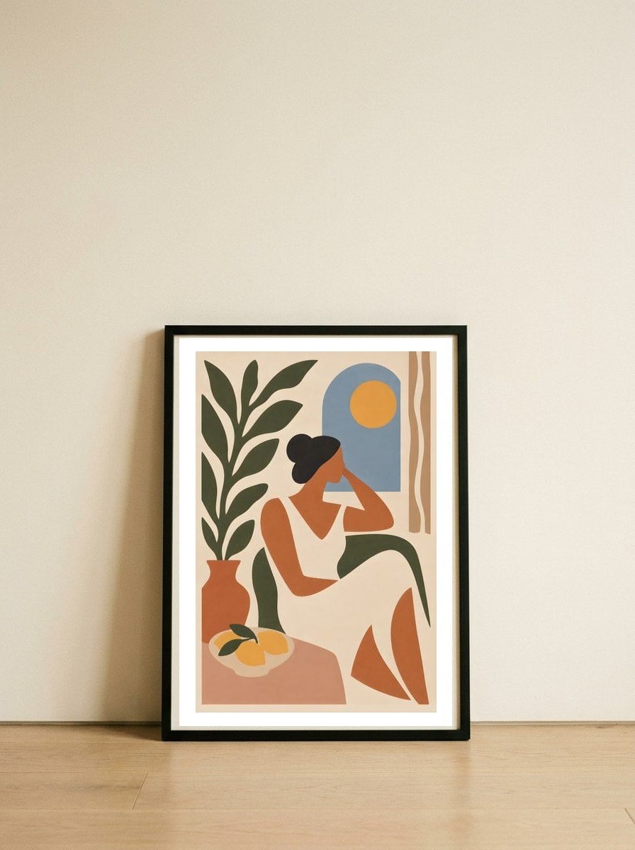 Matisse-Inspired Contemplative Afternoon – Minimalist Woman with Lemons and Sunlight | Warm Modern Wall Art — framed, leaning against the wall