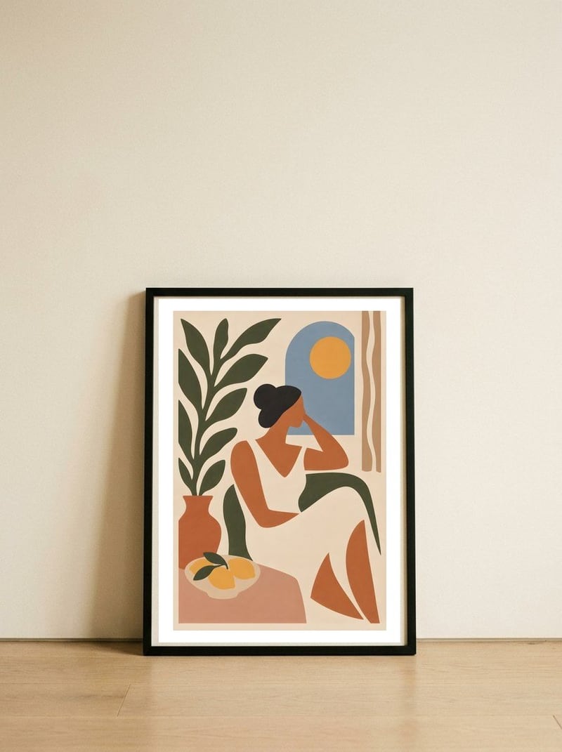 Matisse-Inspired Contemplative Afternoon – Minimalist Woman with Lemons and Sunlight | Warm Modern Wall Art — framed, leaning against the wall