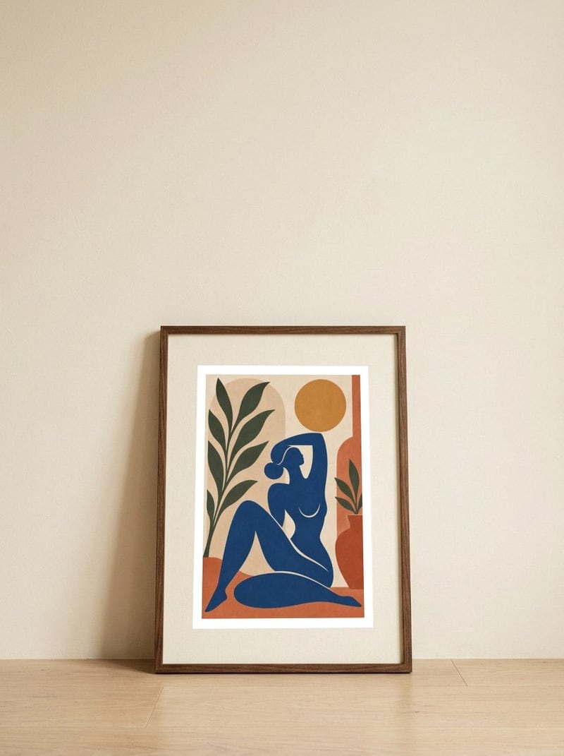 Henri Matisse Inspired – Blue Nude Female Silhouette with Organic Botanical Forms — framed, leaning against the wall