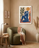Henri Matisse Inspired – Blue Nude Female Silhouette with Organic Botanical Forms framed in a tender room thumbnail