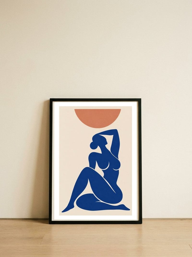 Abstract Nude Art Inspired by Henri Matisse, Minimalist Female Figure, Modern Matisse Style Artwork — framed, leaning against the wall