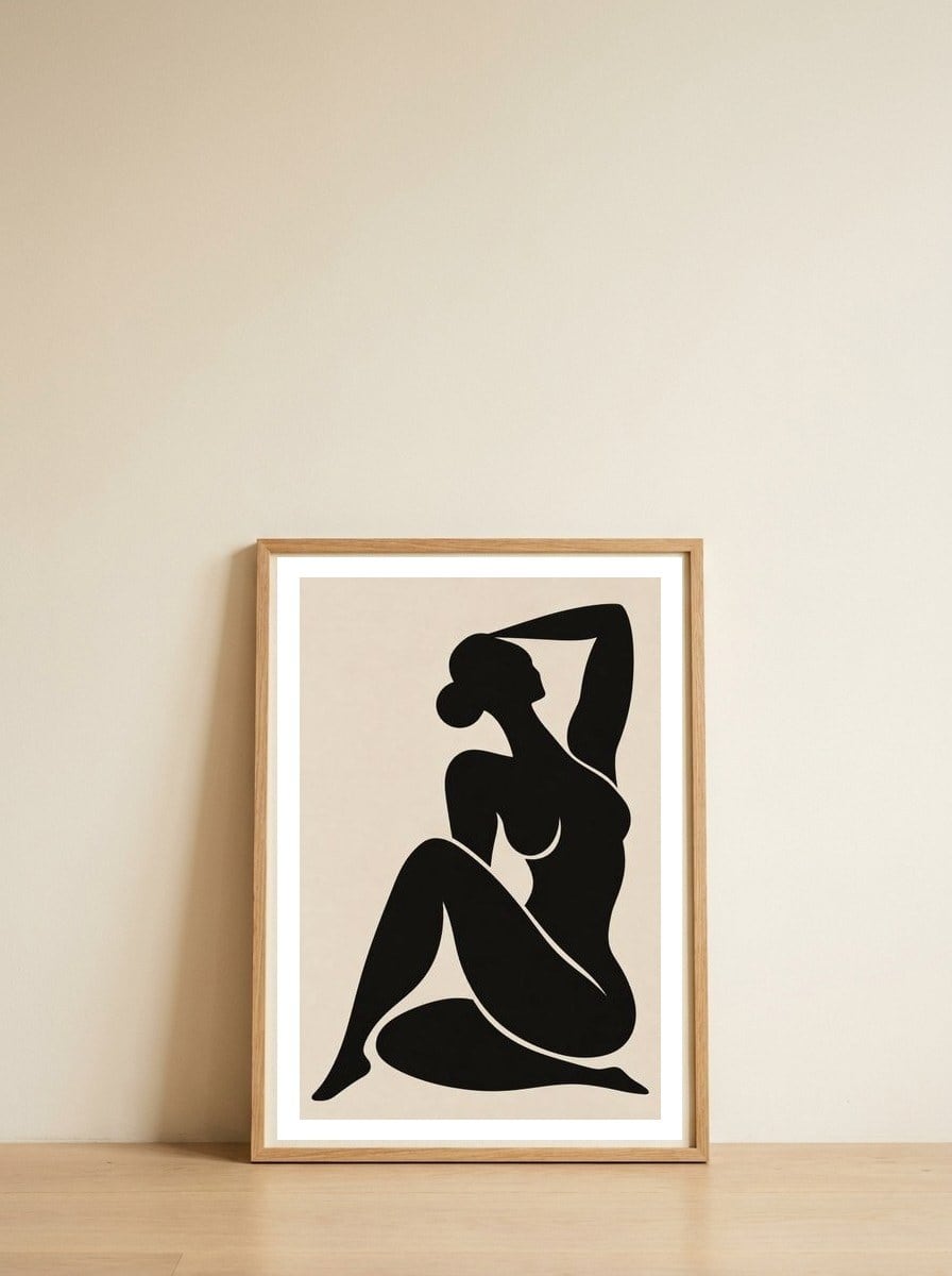 Henri Matisse Inspired – Abstract Black Nude Woman | Modern Minimalist Female Figure, Contemporary Wall Art — framed, leaning against the wall
