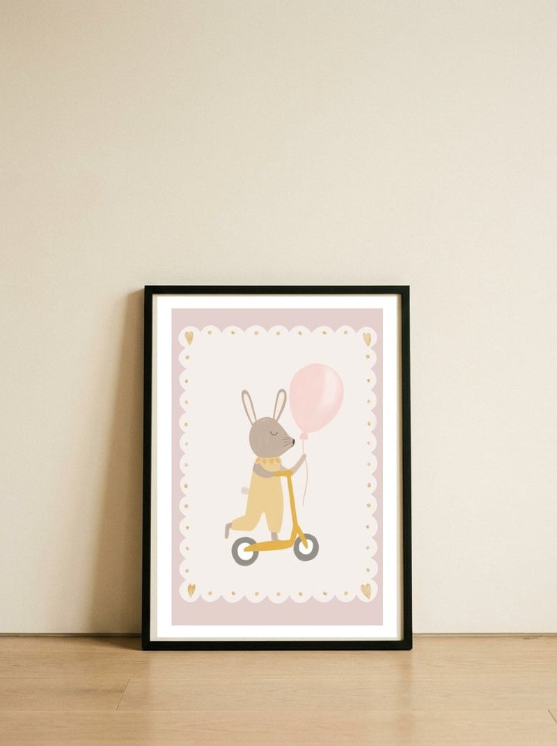 Bunny on the Go — framed, leaning against the wall