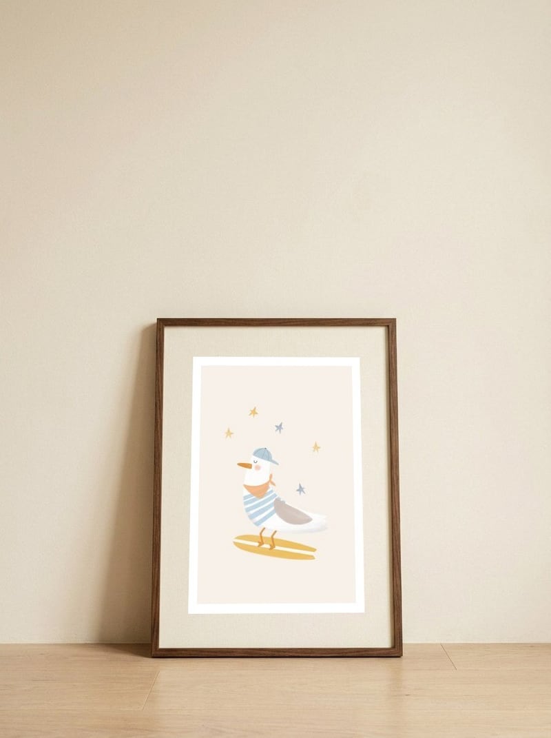 Seagull Surfer — framed, leaning against the wall