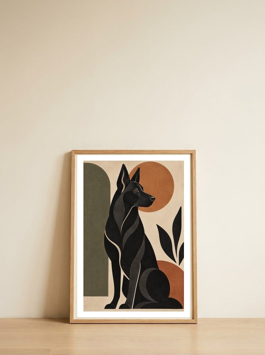 Black German Shepherd – Abstract Geometric Portrait | Terracotta, Olive & Earth Tones — framed, leaning against the wall