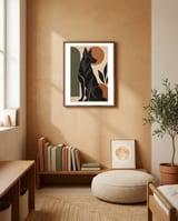Black German Shepherd – Abstract Geometric Portrait | Terracotta, Olive & Earth Tones framed in a gentle room thumbnail