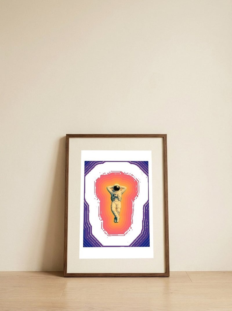 Cosmic Chill Astronaut — framed, leaning against the wall