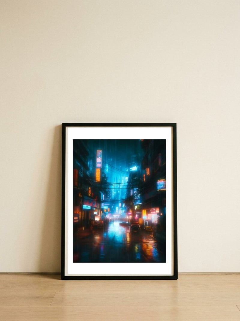 Neon Lit Road Traffic — framed, leaning against the wall