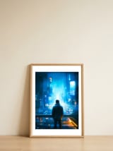 Sci Fi Neon Cityscape — framed, leaning against the wall thumbnail
