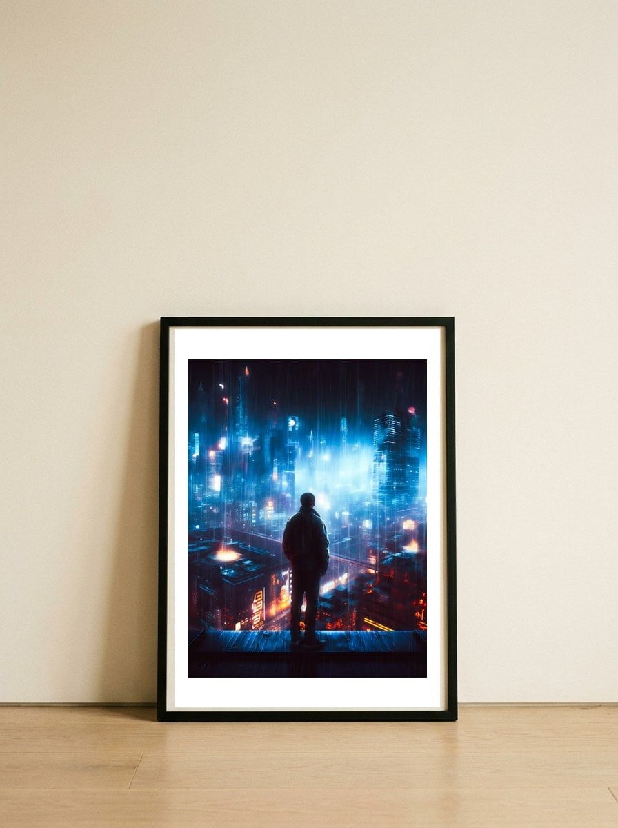 A Cyberpunk Neon Hero — framed, leaning against the wall