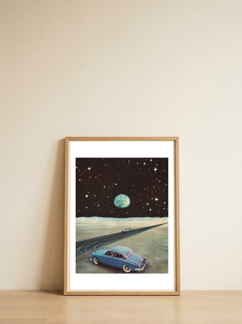 Lunar Pitstop — framed, leaning against the wall