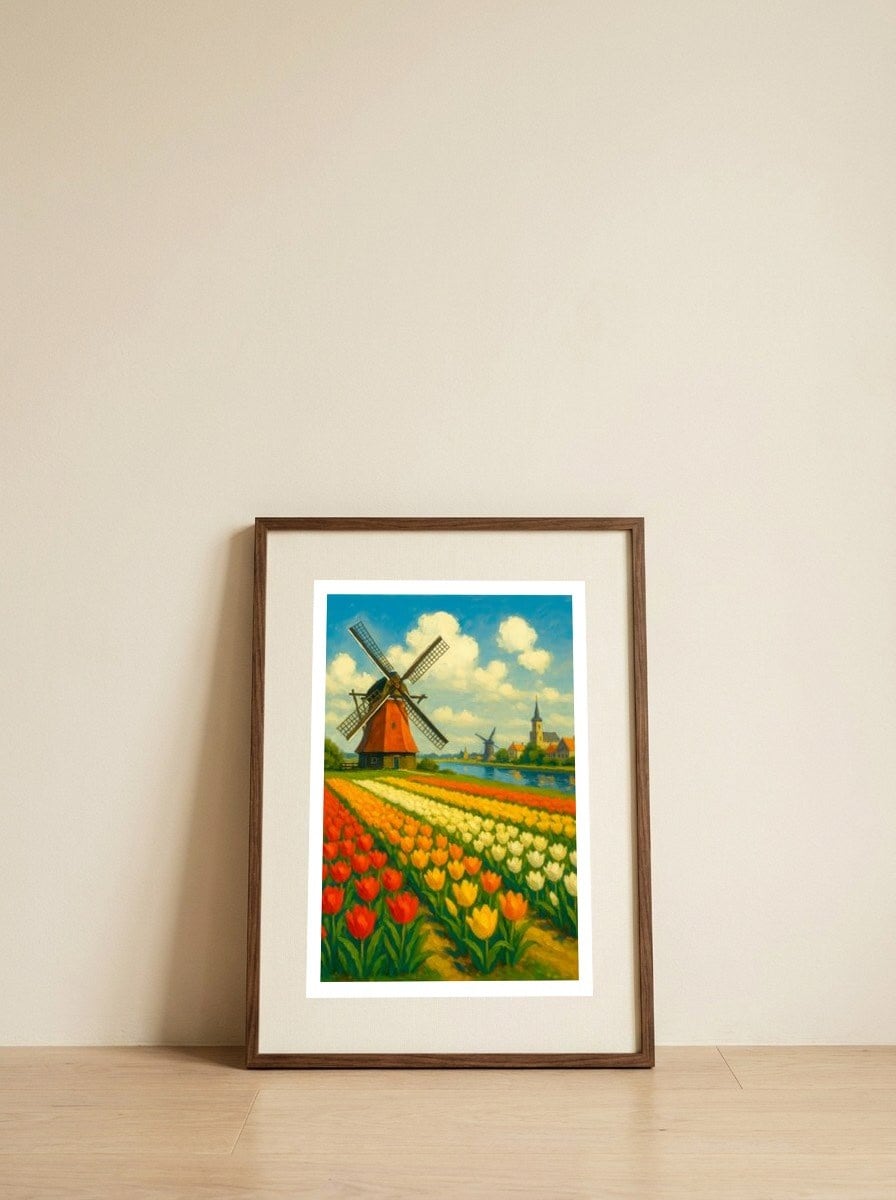 Tulip Dreams and Windmills — framed, leaning against the wall